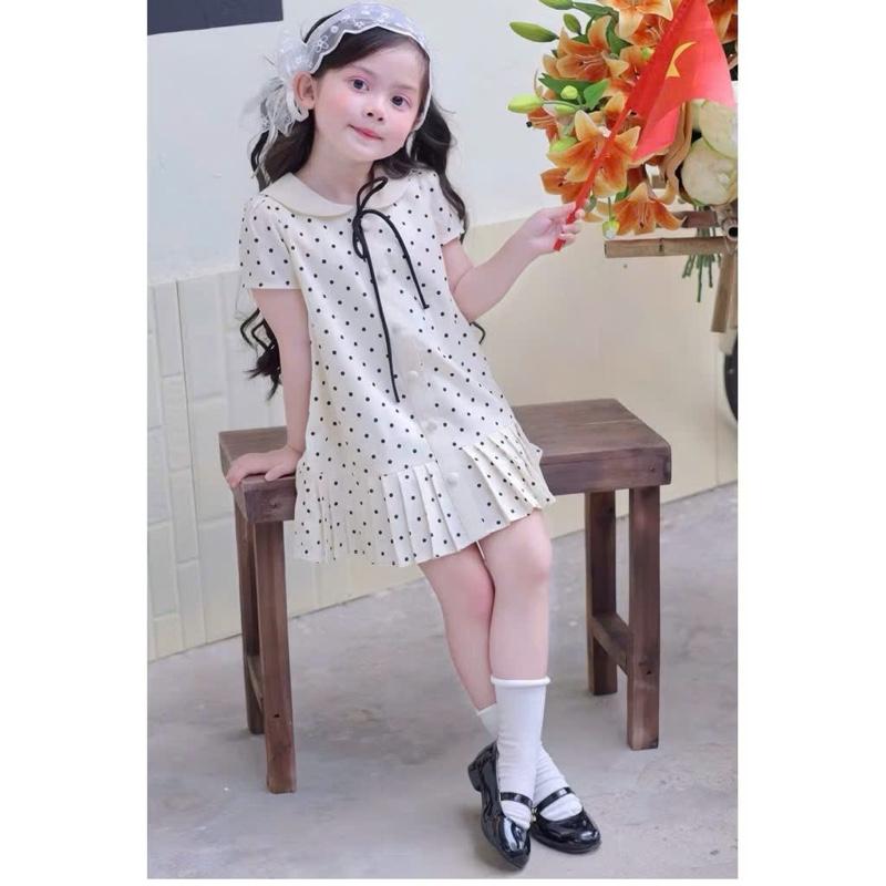 MỘC BABY STORE -Váy Chấm bi bé Gái thiết kế cổ sen cùng dáng xuông xếp ly sang chảnh 12-38kg