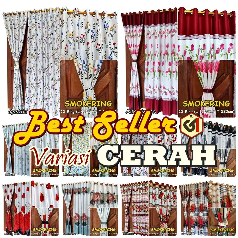 Gorden Pintu Jendela Smokring 12 Ring Ukuran 135x220cm Bahan Katun Disperse Warna Motif Dominan Putih Cerah Tali Korden 6
