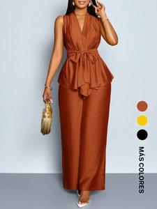 Conjunto de verano para mujer de 2 piezas: camisa sin mangas con cinturón y pantalones de pierna ancha. Ajuste relajado, ideal para clima cálido, cómodo para estar en casa.
