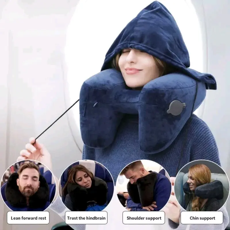SGMultifunction Travel Neck-Pillow Washable/Inflatable/Foldable/Adjustable Airplane Travel Neck Pillow Detachable Hood Washable