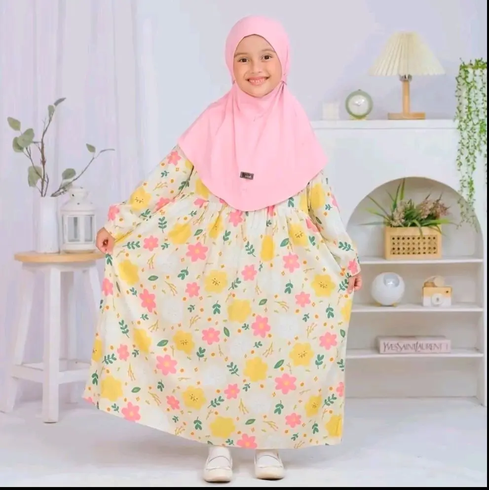 set gamis anak dan hijab motif Bunga
