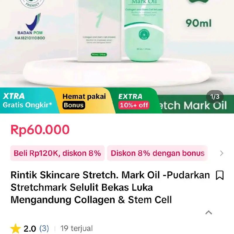 Rintik Skincare Stretch Mark oil pudarkan Stretch Mark selutut bekas luka mengandung Collagen & Stem Cell 1