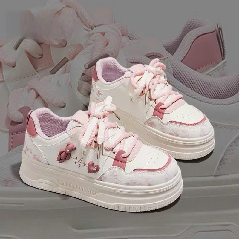 DEAL MỞ BÁN Giày thể thao nữ đế độn minh ngọc gấu tim thời trang cao cấp Mũi tròn Sneaker Shoes Len Đế Bằng