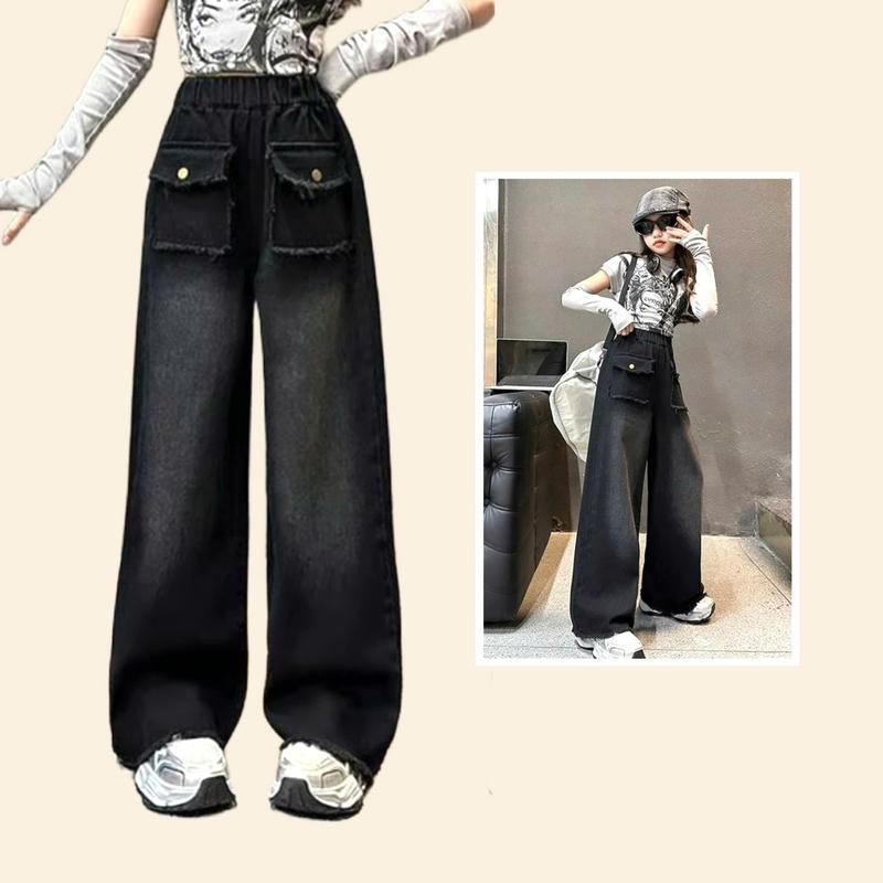 (16-50kg) Quần jean dài cho bé gái ống suông rộng màu đen (mã TUA101)