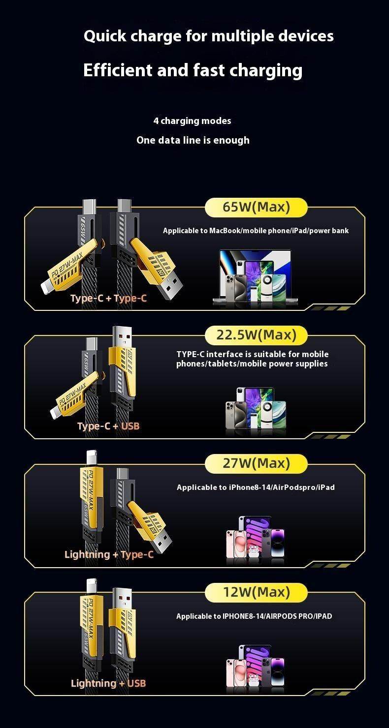 Product Introduction of Mecha four in one data cable multifunctional PD65W Huawei fast charging cable nylon woven Android TypeC universal 9