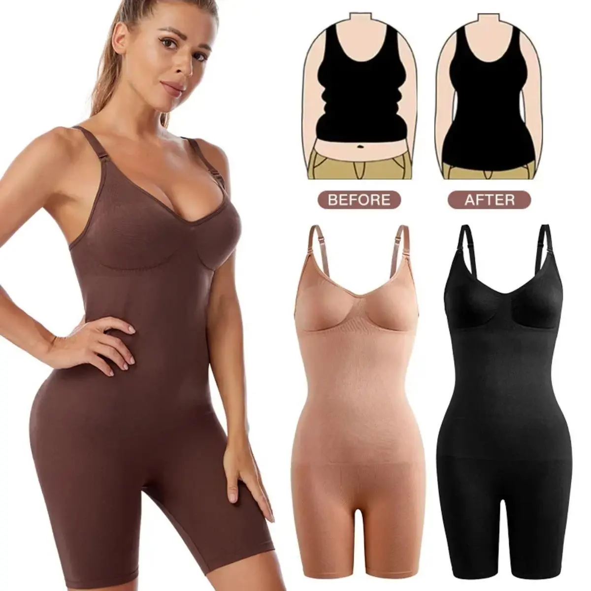 Seamless Bodysuit Women Butt Lifter Shapewear Belly Control Body Shaper Corset Strappy-Back Chest Lift Correct Posture Underwear