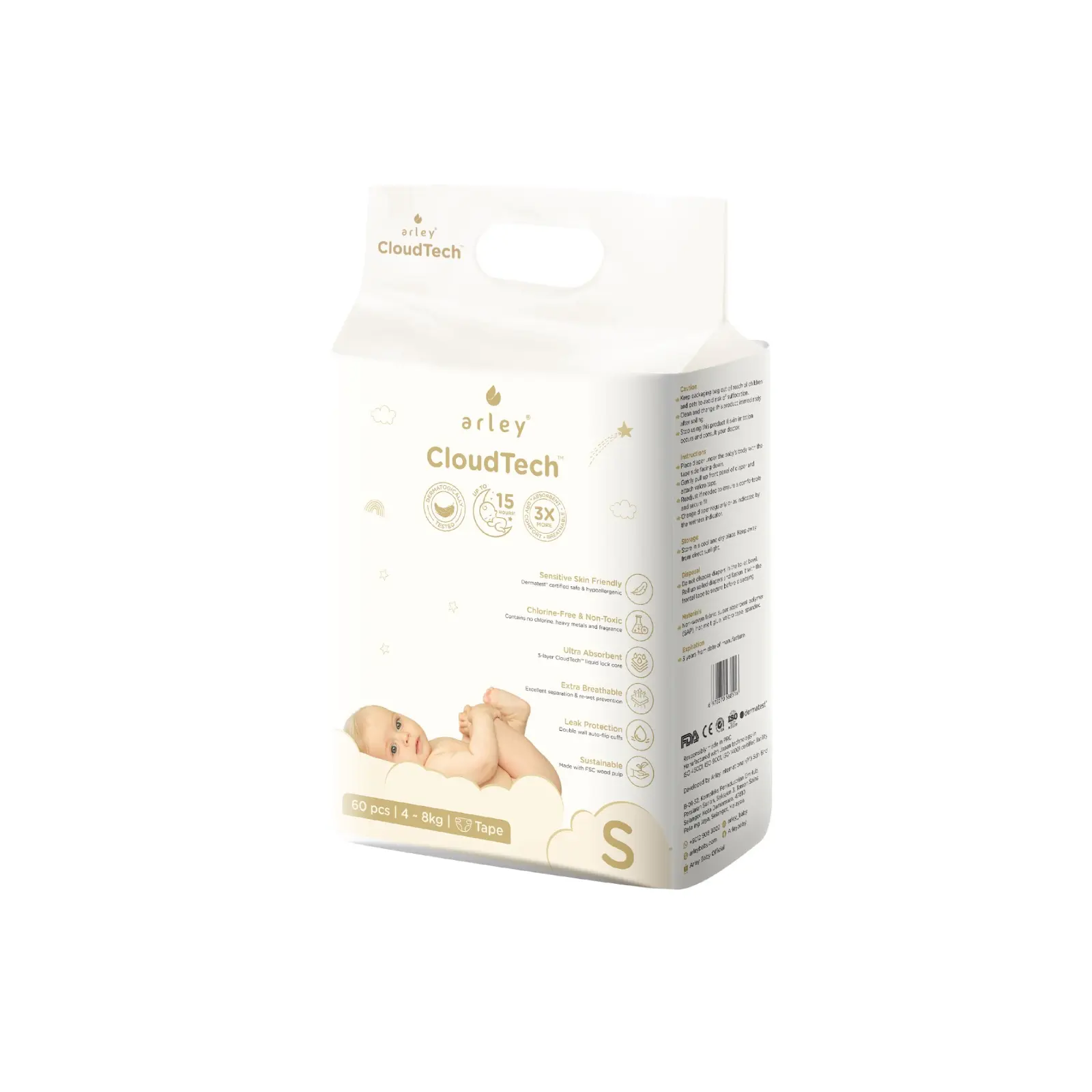 Arley CloudTech Diapers Tape/Pants (S/M/L) Japan Tech, Chlorine-Free, Sensitive Skin Friendly