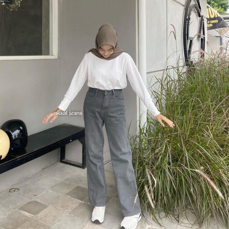 Celana Kulot Jeans High Waist Wanita Loose Highwaist Straigh Terbaru Aksal Jeans 6