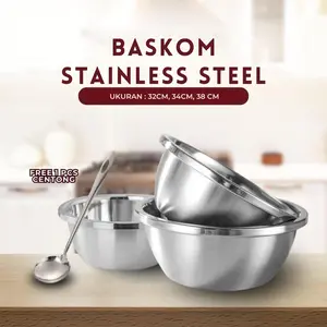 Spesial Guudware - 3 PCS Baskom Stainless SUS 316 Ukuran 32, 34, 38CM Free 1 Centong Baskom Tebal Premium Baskom Masak
