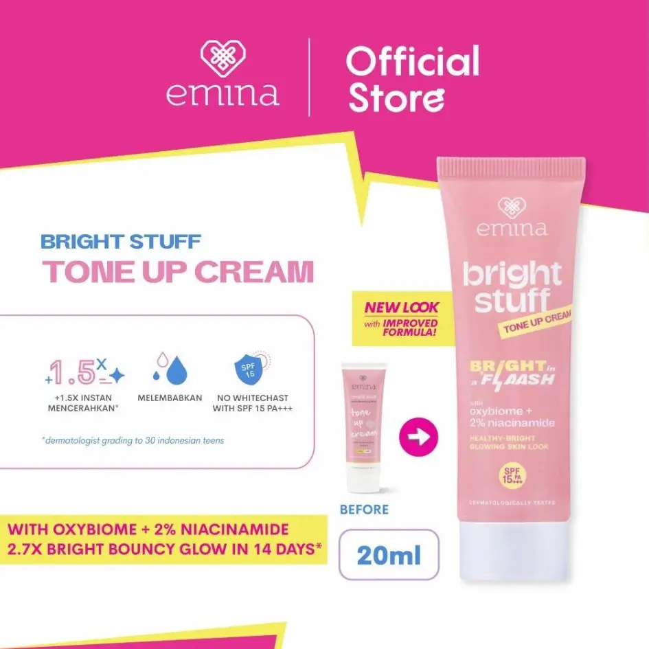 NEW! Emina Bright Stuff Tone Up Cream 20 mL - Pelembab Wajah Mencerahkan Instan, Perlindungan dari Sinar UV