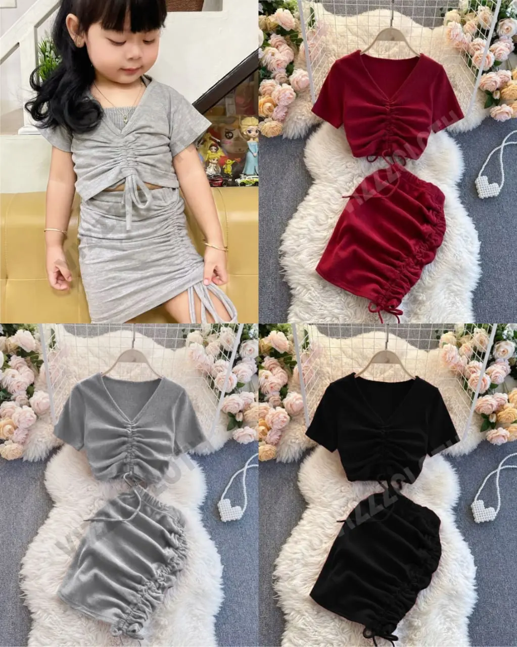 SETELAN ANAK PEREMPUAN (code5587) ATASAN V NECK TALI SERUT & MINI SKIRT TALI SERUT SIZE 1 - 5 tahun
