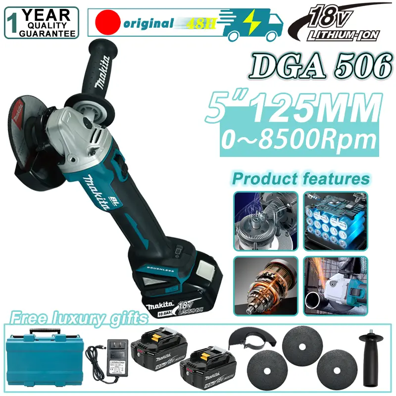 DGA506 Cordless Angle Grinder 5" 125MM Chuck 8500RPM Motor Brushless Kecepatan Ultra Tinggi Gear Baja Chrome Vanadium Baterai Lithium Tegangan Tinggi 18V Cocok untuk Penggilingan Paduan Aluminium, Pemotongan Pipa Baja, Pemotongan Batu Set Komersial 0