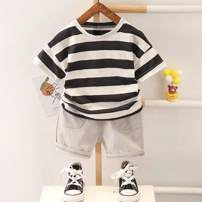 Boys ​baby clothes suit striped fashion Korean short-sleeved pure cotton T-shirt all-match casual top with sports for boys short