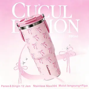 CucuLemon Tumbler Stainless Vacuum 890ML Botol Minum Besar Termos Anti Kebocoran Desain Kupu-Kupu Cantik & Merah Muda Pita