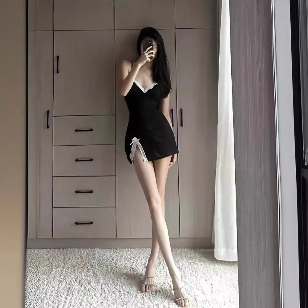 Đồ Ngủ Thân, Gợi Cảm,  Ngủ Thun, 2 Dây Đai,  Thêu Màu Đen   lụa  ngủ váy