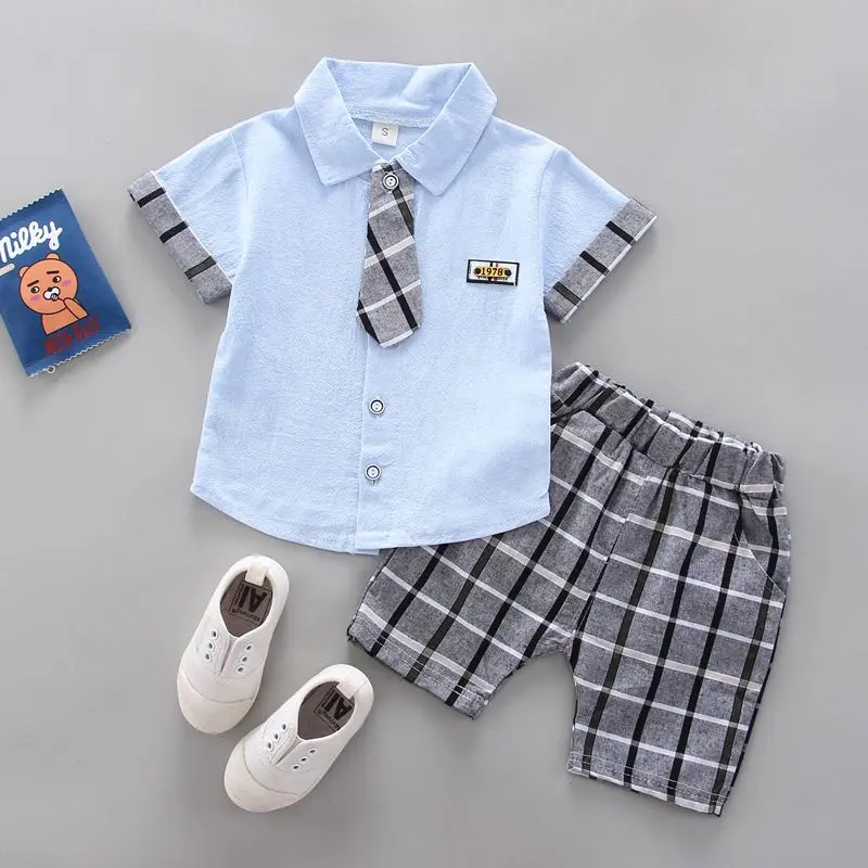 boy children's clothing new fashion pure cotton short-sleeved shirt + casual shorts 2 pieces kids clothes set