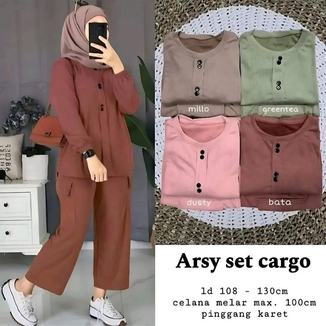 ONESET Arsy Baju Setelan Wanita Kekinan Set Cargo Terbaru Bahan Crinkle Airflow  Nyaman Atasan lengan Panjang Celana Kancing
