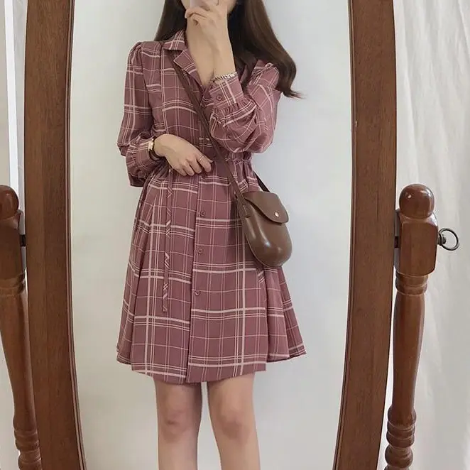 Korea Women Fashion long sleeve dress slim waist mini shirt dress