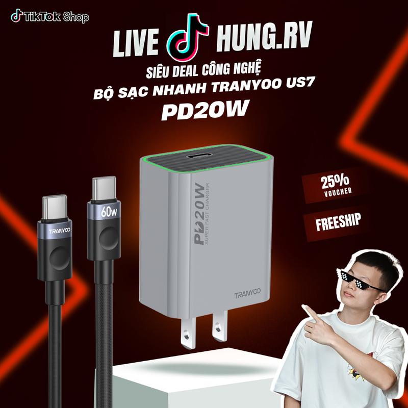 Củ Sạc Nhanh US7 PD20W Type-C Tranyoo Cho Điện Thoại - Phone, Phụ Kiện Usb