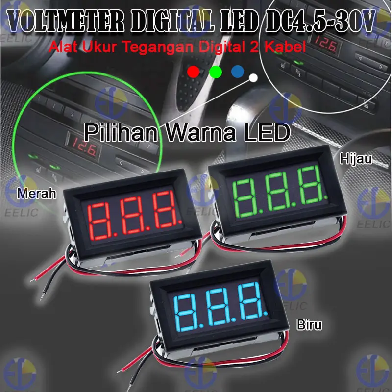 EELIC VMD-DC4.5VS30V Voltmeter digital led dc 4.5-30v voltmeter 0.56 inch 2 kabel alat ukur tegangan digital terdapat 3 pilihan warna led digital yaitu merah,biru,hijau 5