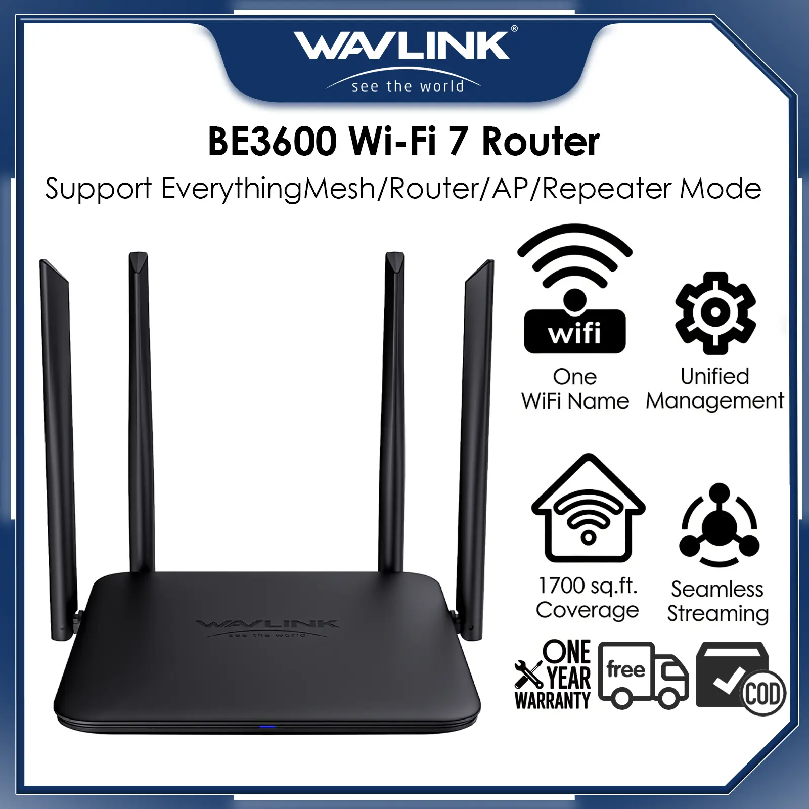 WAVLINK BE3600 Router Wi-Fi 7 Dual Band 4096-QAM MLO 2.4GHz 5GHz 3600Mbps Mesh WiFi Tamu QoS IPv6 VPN untuk Rumah