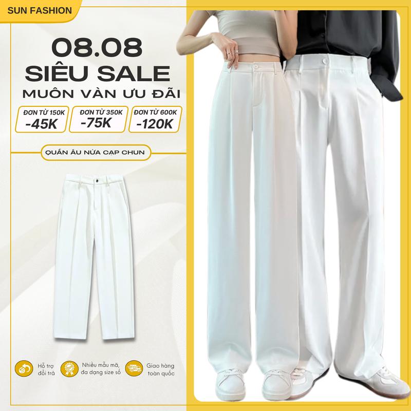 Quần âu ống suông nam, nữ basic SUN màu Trắng thiết kế nửa cạp chun, vải mềm mịn phong cách Hàn quốc