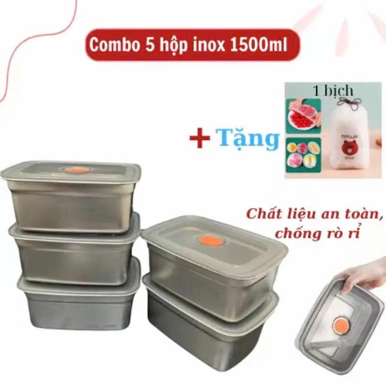 COMBO 5 Hộp 1500ML INOX LOẠI 1 Đủ Kích Cỡ Có Nắp Đậy Hút Chân Không, Khay Đựng…