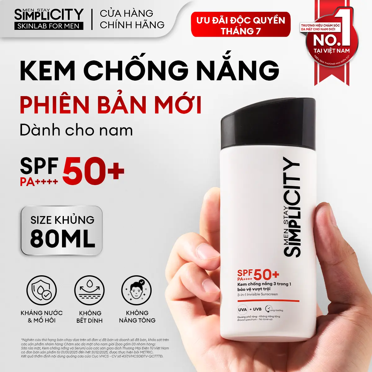 SIZE KHỦNG Kem chống nắng nam Men Stay Simplicity Invisible Sunscreen 3in1 giúp bảo vệ da vượt trội, không nâng tông, không nhờn rít, không nặng mặt SPF 50+ PA++++ 80ml