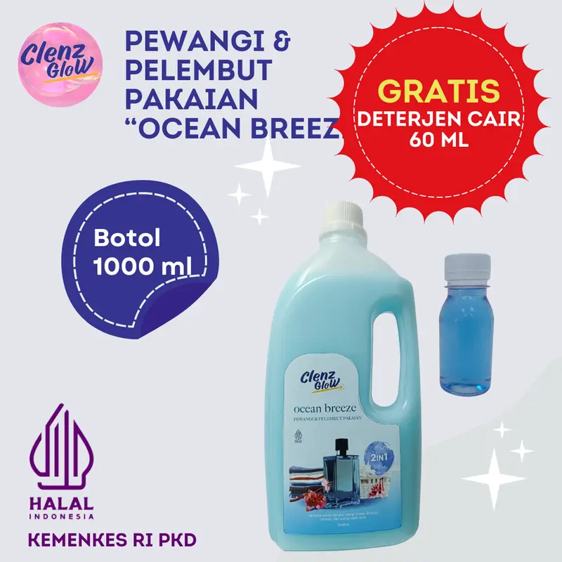 Pewangi Pakaian Botol 1 Liter Murah Wangi Tahan Lama Clenz Glow dan Gratis Deterjen Cair 0