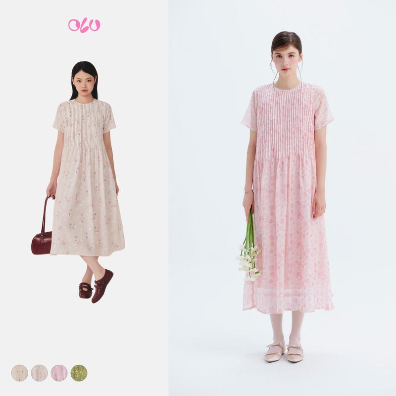  Đầm kiểu voan hoa dáng suông xếp li có kèm dây Bettina nhiều màu thanh lịch nữ tính OLV 