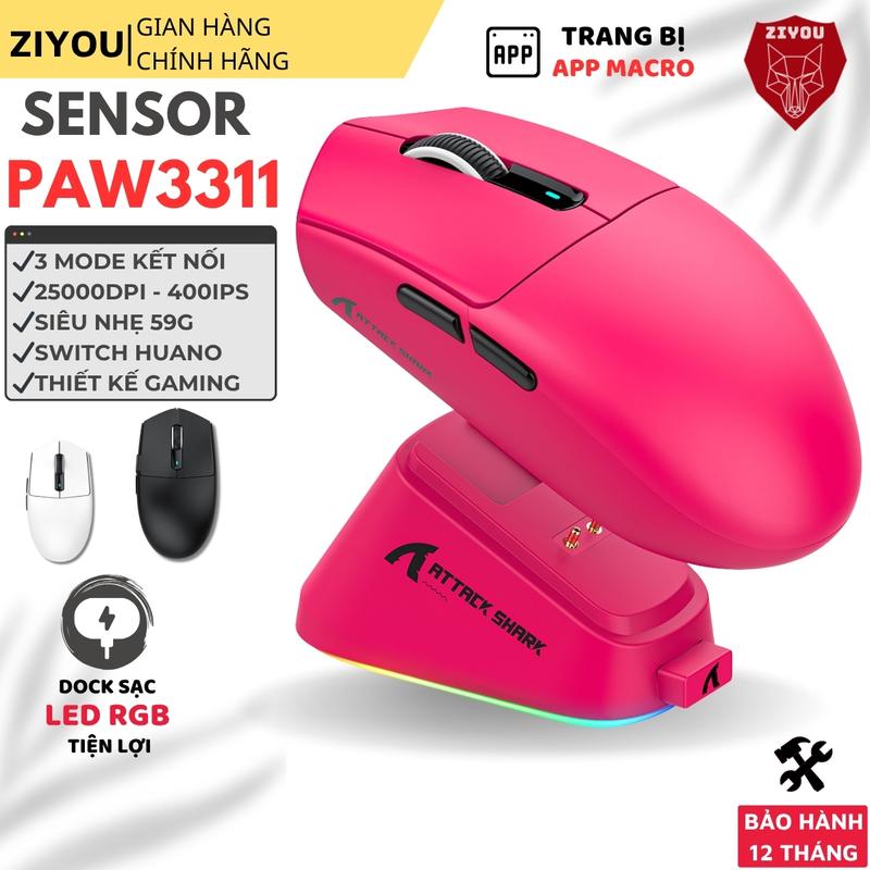 Chuột Không Dây Gaming Ziyou Attack Shark G3 PRO - 25.000 DPI, 1000Hz, Pin 500mAh, Dock Sạc RGB, App Tùy Chỉnh Nâng Cao