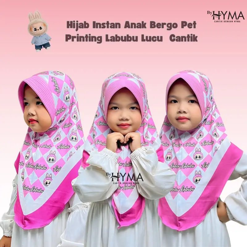 Jilbab Instan Kerudung Bergo Printing Labubu 3-9 Tahu  Hijab Jersey Anak Instan Nyaman Pad Muslim 2