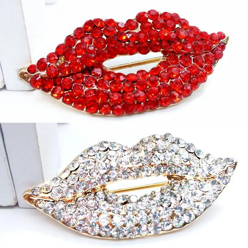 Rhinestone Brooch Pin Red Lips Women's Jewelry Pectoral Crystal Brooches Pin