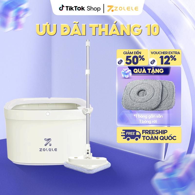 Bộ Cây Lau Nhà 360 Độ Tự Vắt 2 Ngăn Tách Riêng Nước Bẩn Zolele  Màu Trắng Kem Sang Trọng