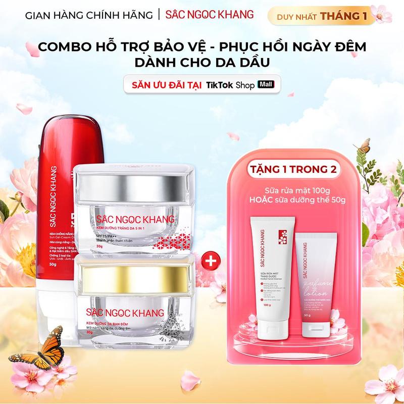  Combo Dưỡng Da - Chống Nắng Dành Cho Da Dầu Sắc Ngọc Khang  30G  - Kem Ngày Đêm Dưỡng Ẩm Hỗ Trợ Dưỡng Sáng Nếp Nhăn Nám Sạm Tàn Nhang + HQ 