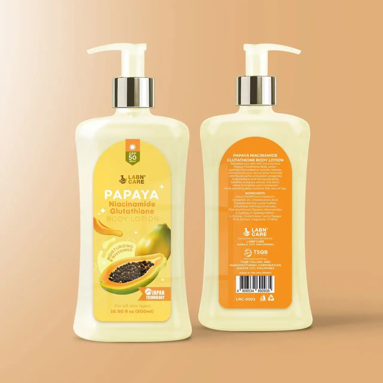 l glutathione moist whitening lotion spf 50 LABN'CARE PAPAYA Glutathione & Niacinamide Body Lotion SPF 50 PA++  Moisturizing Brightening Papaya Scent for Acne Discoloration Lightening  Daily Use