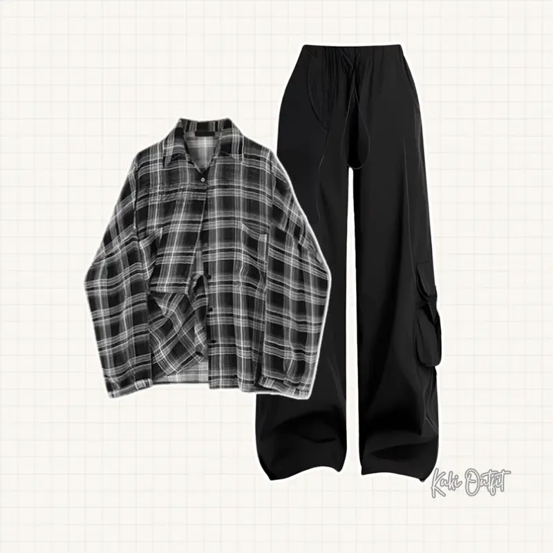 1 Set OOTD Korean Style (Kemeja Flanel + Celana Cargo + Tanktop) One Set Wanita Perempuan - KK125 Atasan Casual Fit Katun Nyaman Panjang Setelan Bawahan Lembut Linen Formal Oversize Blazer Baju Remaja Basic 3