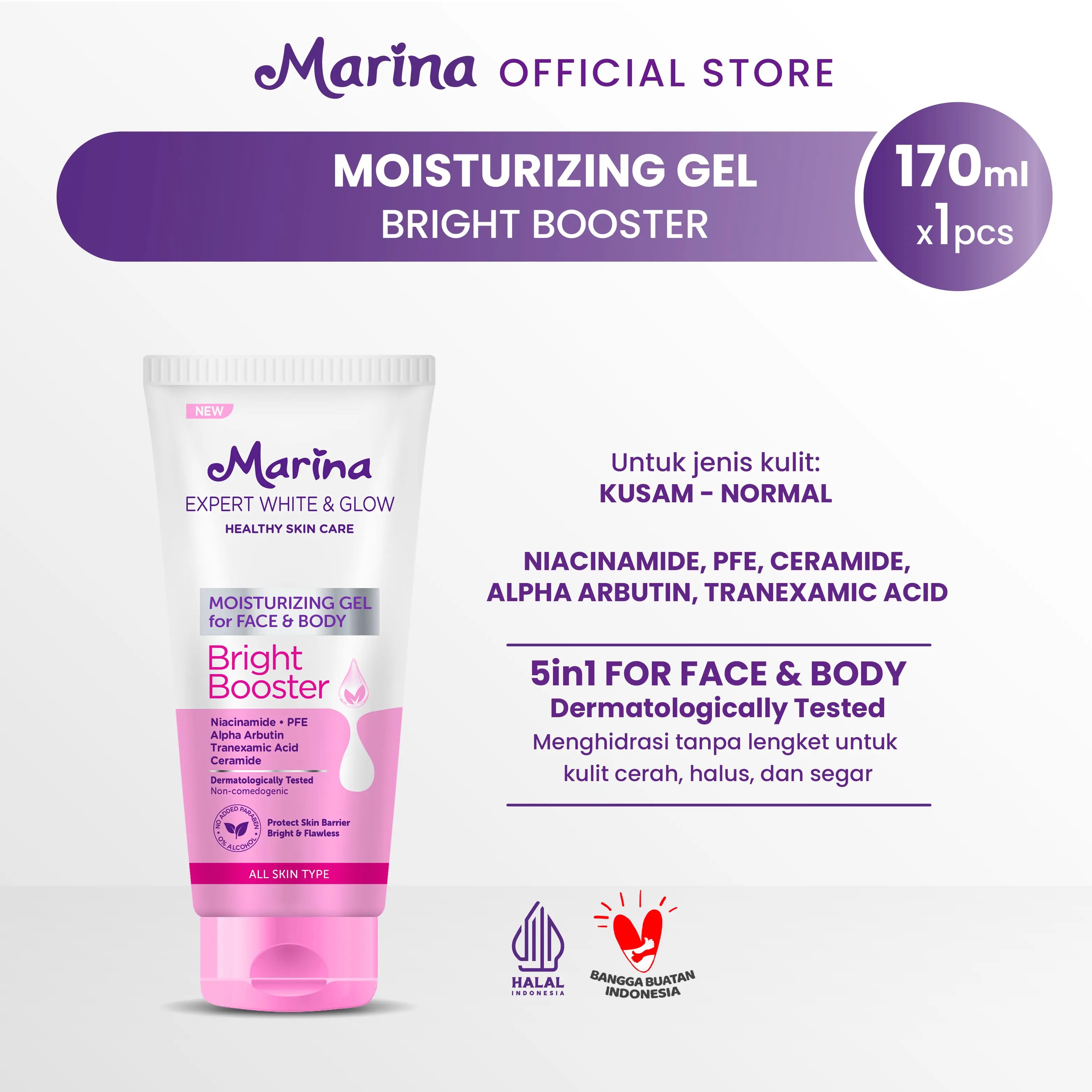 Marina Expert White & Glow Moisturizing Gel for Face & Body Bright Booster 170 ml - Perawatan