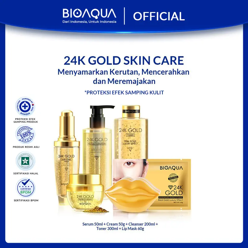 【24K Series】【BPOM】Bioaqua 24K Gold Skin Care Facial Cleanser 200ml / Toner 300ml / Serum 50ml / Cream 50g / Lip Mask 60g 0