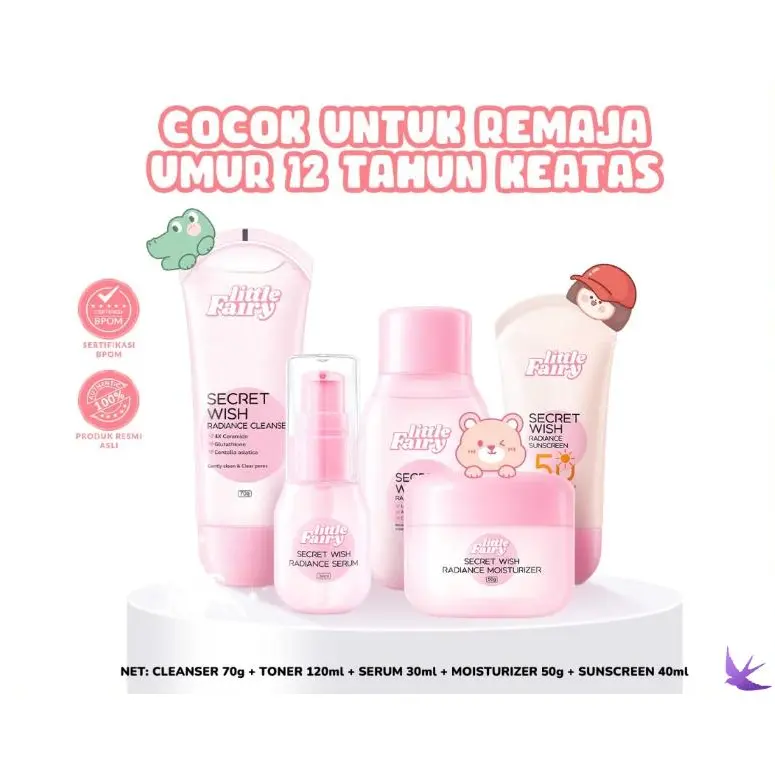 COD BPOM LITTLE FAIRY Secret Wish Radiance 5in1 Bundle Cleanser +toner+serum+Moisturizer+sunscreen little fairy skincare  anak pack Soothing brightening kindly for Kering Kusam Skin skincare set sunscreen