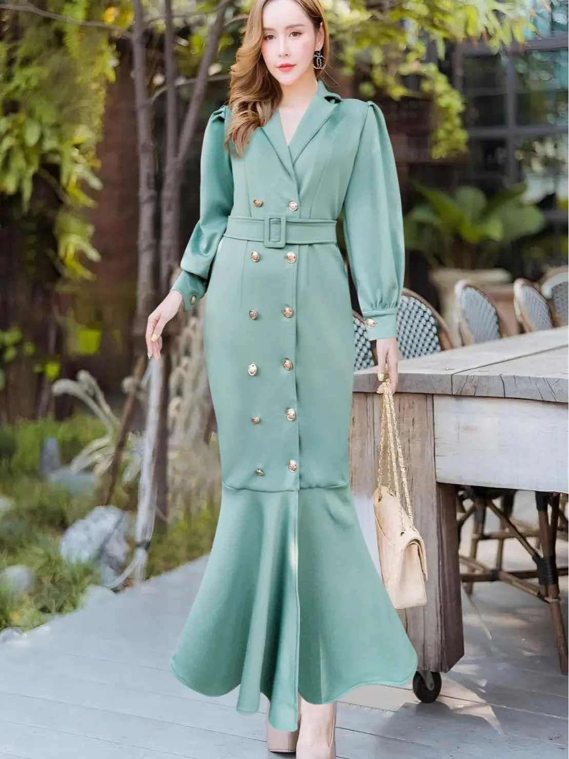 Joanne Fashion | Long Dress Wanita Casual Full Kancing Hidup Bahan Scuba Lembut Premium Lengan Panjang Rok Duyung Mermaid Elegan Modern Kekinian (2655)