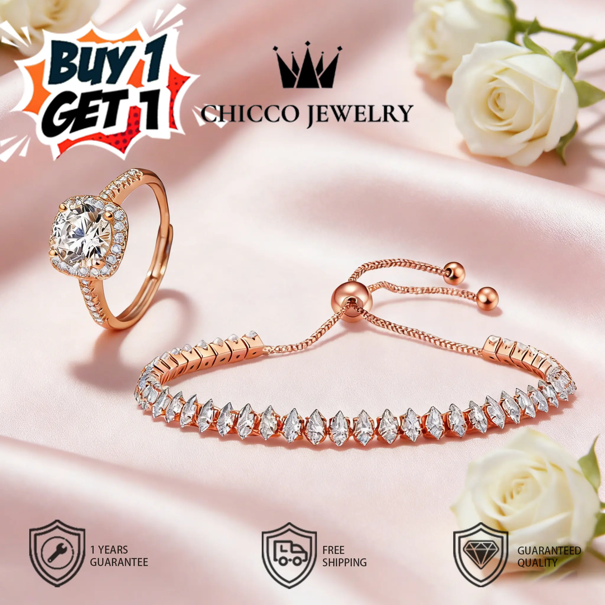 [BUY1 GET 1] Cincin dan Gelang Zirkon Simpel WarnaEmas Mawar Penuh Berlian Geometris Cocok untuk Sehari-hari Pesta Hadiah Pernyataan Cinta CHIC&CO AdjustableAksesoris anti luntur anti perubahan warna Garansi1 Tahungelang tangan 296 SL11