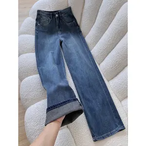 【Luck wanita】Biru retro Highwaist Kulot Celana Jeans Wanita Korea
