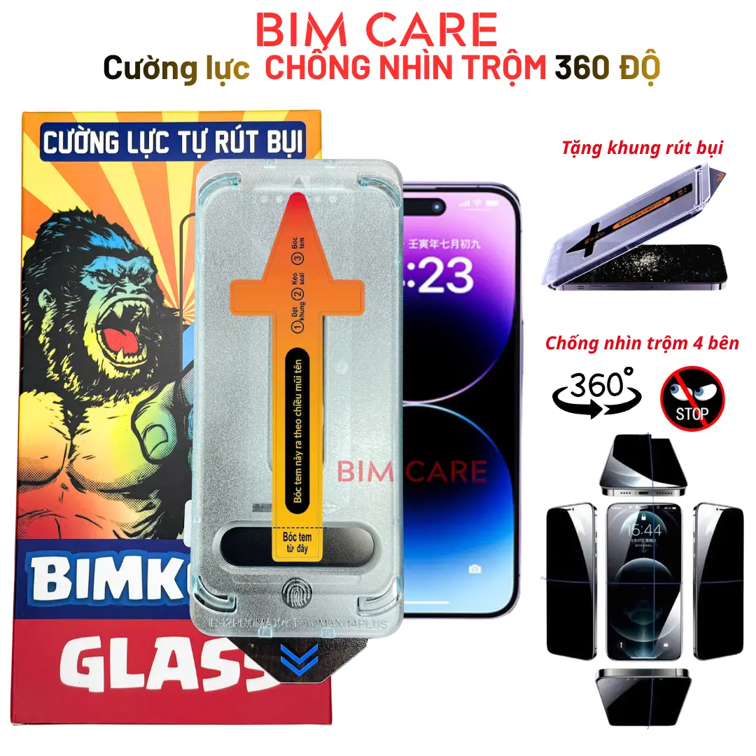 (CHỐNG NHÌN TRỘM 360°) Kính cường lực BIMKONG VIỆT 360°  loại chống nhìn trộm 4 chiều dùng cho các dòng điện thoại iphone từ X đến 12promax 13promax 14promax 15promax 16promax 17Promax - BIMCARE