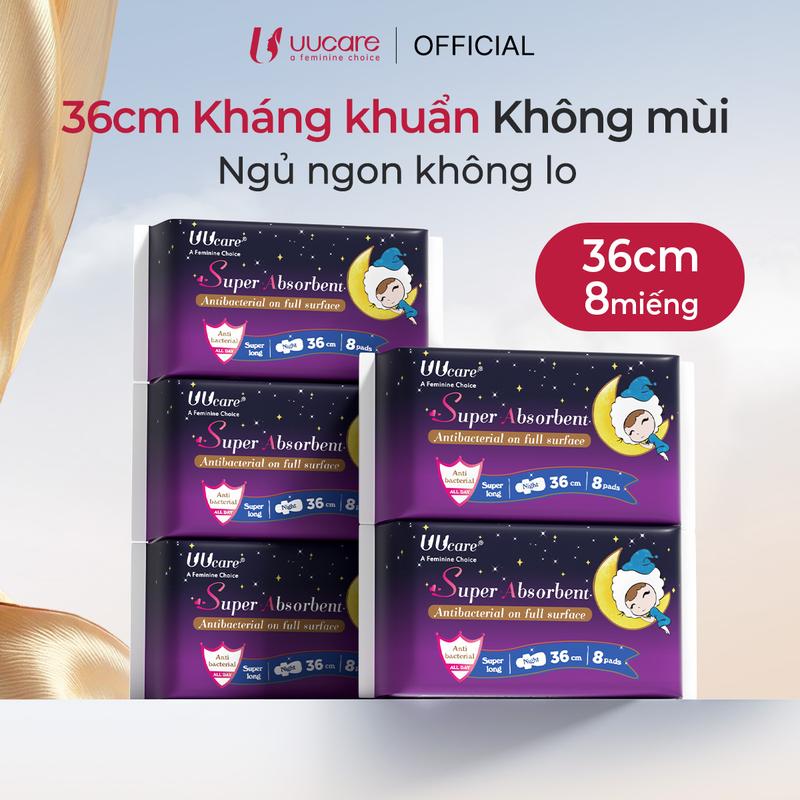 [Combo 5 gói] Băng vệ sinh UUcare Singapore Young Girl Kháng Khuẩn, ban đêm, có cánh, 36cm, 8 miếng/ gói.Thấm hút, chống tràn tốt, không chứa chất huỳnh quang.