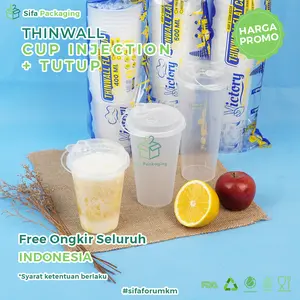 Thinwall Cup Injection Transparan Frosted + Tutup Gelas Plastik Bening Buram Injection Cup Kekinian Gelas Inject Datar Tebal Murah Ukuran 400ml 500ml 700ml Isi 25 Pcs