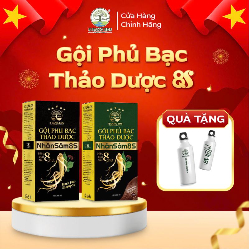 (Tặng bình nước 8S) Dầu Gội Phủ Bạc Thảo Dược Nhân Sâm 8S (Nâu/Đen)- 8 Sang BDS Nhuộm Tóc, Đổi Màu Tóc trở nên đen tuyền, bóng mượt dành cho cả Nam và Nữ