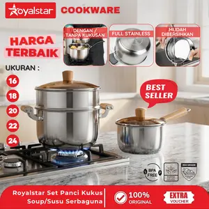 [5.5 SALE] Royalstar Set Panci Susu / Panci Soup 3 in 1 Dengan Kukusan 2 Tingkat Bahan Stainless Steel Dan Tutup Kaca Dan Gagang Panci Anti Karat Premium Kitchenware