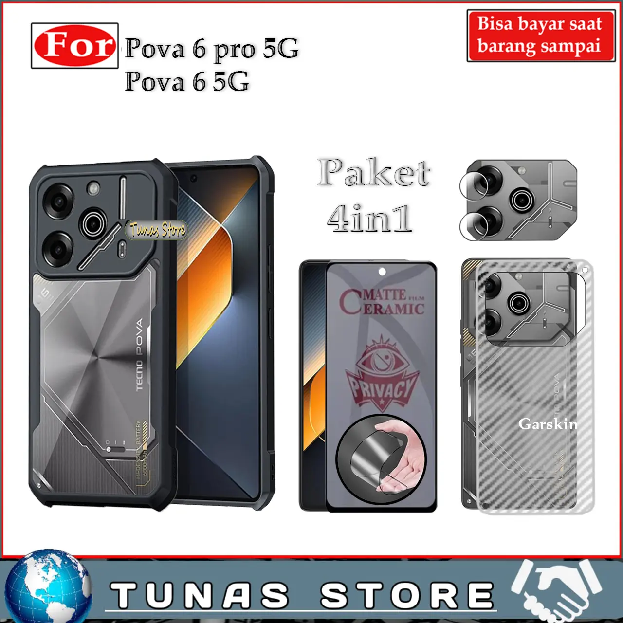 4In1 Case Tecno Pova 6 Pro 5G Pova 6 5G Casing Transparant Antigores Layar Garskin Pelindung Camera