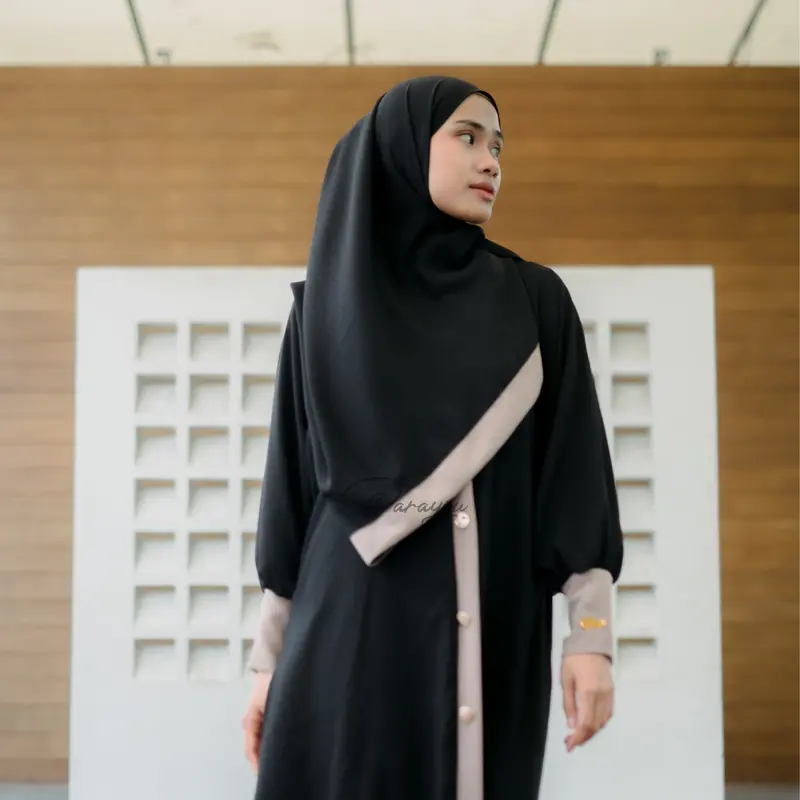 PARAYOU - Abaya Hana Set Hijab Pashmina Free Cadar Gamis All Size Seragaman Syari Dress Mewah Muslim Lebaran 2025 Dewasa Remaja Pesta Airflow Maxi Kondangan Crinkle Simple Wanita Ceruty Hitam 6